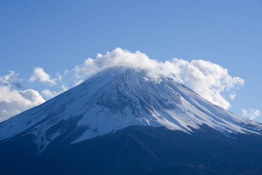 Serene view of snow-capped Mount Fuji under clear blue skies, perfect for nature lovers.